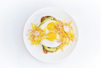 overhead shot of avocado toast with eggs