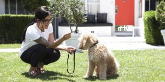 Woman crouching outdoors, smiling, holding a dog attached to a leash